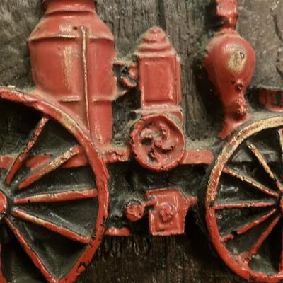 Vintage 1982 Feasterville Fire Company Handcrafted Resin Plaque – Faux Wood Grain, Antique Steam Pumper, by Walter E. Lee Company