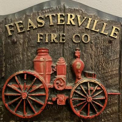 Vintage 1982 Feasterville Fire Company Handcrafted Resin Plaque – Faux Wood Grain, Antique Steam Pumper, by Walter E. Lee Company