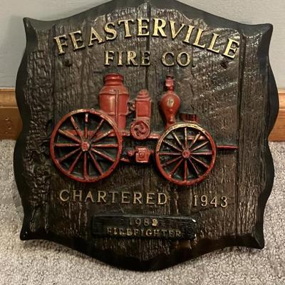 Vintage 1982 Feasterville Fire Company Handcrafted Resin Plaque – Faux Wood Grain, Antique Steam Pumper, by Walter E. Lee Company