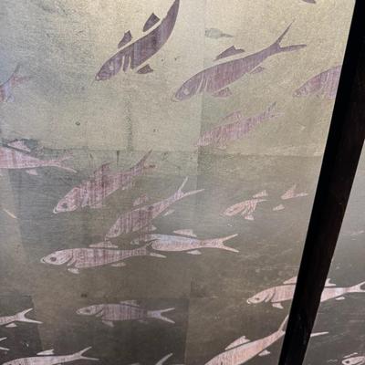 Sale Photo Thumbnail #488: These gold tone panels each depict numerous swimming koi fish throughout. Total of three panels. The hardware is on the reverse. There is some age related wear. Measurement: 47”H x 16”W (each). [MA]