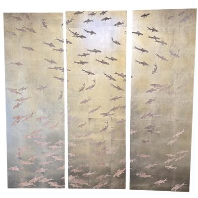 Sale Photo Thumbnail #487: These gold tone panels each depict numerous swimming koi fish throughout. Total of three panels. The hardware is on the reverse. There is some age related wear. Measurement: 47”H x 16”W (each). [MA]