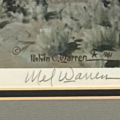 Sale Photo Thumbnail #70: Melvin C. Warren framed print dated 1961, featuring a nighttime rural scene with a horse and barn. The print is professionally matted in a light gray mat and housed within a black decorative wooden frame. The artwork is signed in the bottom right corner b