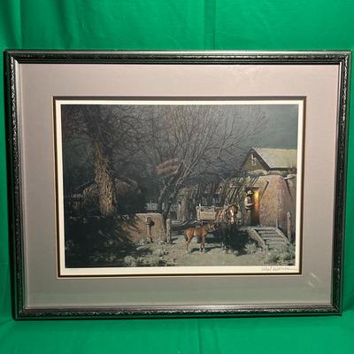 Sale Photo Thumbnail #69: Melvin C. Warren framed print dated 1961, featuring a nighttime rural scene with a horse and barn. The print is professionally matted in a light gray mat and housed within a black decorative wooden frame. The artwork is signed in the bottom right corner b