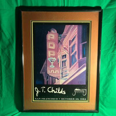 Sale Photo Thumbnail #72: Framed illustration poster by J.T. Childs, depicting a San Francisco street scene featuring a neon 'Pop Inn' sign and martini glass icon. The poster is labeled 'San Francisco - October 28, 1994' and is encased in a brown and black wooden frame with a glas