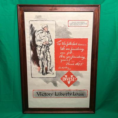 Sale Photo Thumbnail #76: Victory Liberty Loan poster featuring a red and black design with an American Expeditionary Forces (A.E.F.) soldier and the slogan 'To the Folks Back Home -- We are finishing our job. Are you finishing yours?' Signed Gen. Pershing, A.E.F. Includes the phr