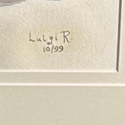 Sale Photo Thumbnail #99: Framed watercolor painting depicting a still life arrangement, signed 'Luigi R' and dated '10/99' in the bottom right corner. The composition includes a bottle, a fruit, and geometric objects. Presented under a cream mat within a gold-tone frame. The piec