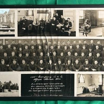 Sale Photo Thumbnail #100: Framed photographic collage from 1940 depicting the members and activities of the 130th Company Civilian Conservation Corps (CCC) based in Alfred, Maine. Features group portraits, interior and exterior scenes, and a handwritten caption listing key personn