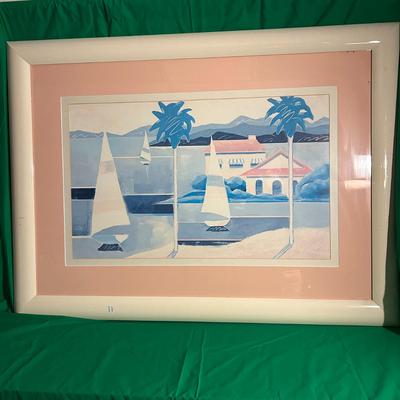 Sale Photo Thumbnail #109: A framed artwork featuring a stylized coastal scene with palm trees and sailboats set against a backdrop of a villa and mountains. The image is finished with a light-colored mat and a glossy white frame. The exact artist or manufacturer is not specified. 