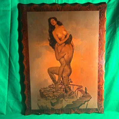Sale Photo Thumbnail #116: Print on wood featuring a stylized depiction of a female figure against an artistic backdrop. The piece is mounted on a decorative shaped wooden panel with a wavy border resembling wood grain. Visible surface wear consistent with use and handling. Dimensi
