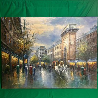 Sale Photo Thumbnail #128: An oil painting on canvas depicting a city street scene with pedestrians, carriages, and buildings under a cloudy sky, rendered in an impressionistic style. The artwork is signed in the lower-left corner but the artist’s identity is not confirmed. Set a