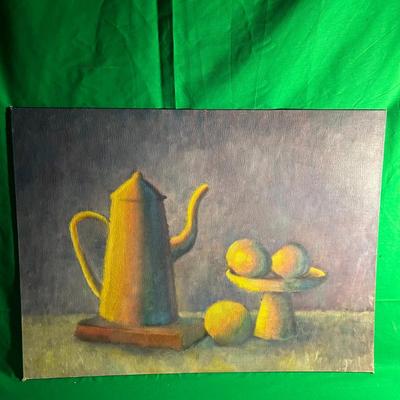 Sale Photo Thumbnail #133: Oil on canvas still life painting depicting a metallic teapot, a fruit pedestal with oranges, and a single lemon on a flat surface. Features distinct textural brushstrokes and vibrant tonal contrasts on a green background. Dimensions approximately 18 x 24