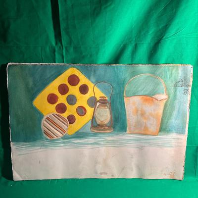 Sale Photo Thumbnail #135: Watercolor painting on paper depicting a still life scene with a colorful dotted shape, a striped sphere, a lantern, and a handled container, set against a green background. The artwork is unframed and shows signs of wear, including visible edge unevennes
