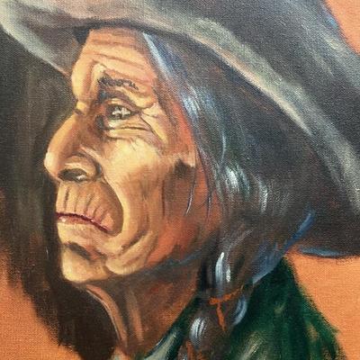Vintage 1979 Oil Portrait of Native American Elder by Bev Ellington - Framed 21.5" x 17.5" Origin