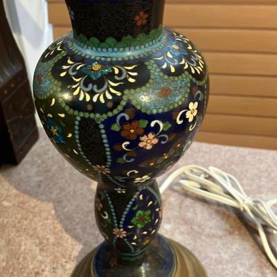 Vintage Chinese Cloisonné Enamel Table Lamp, Floral & Butterfly Motif on Midnight-Blue 20”