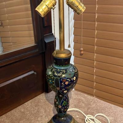 Vintage Chinese Cloisonné Enamel Table Lamp, Floral & Butterfly Motif on Midnight-Blue 20”