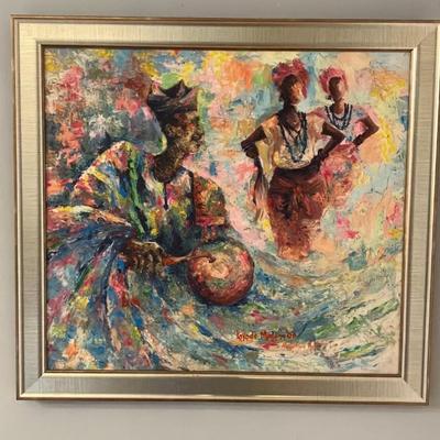 Vibrant 2008 Oil Painting by Nigerian Artist Kayode Malomo: Joyful Drummers in Traditional Attire