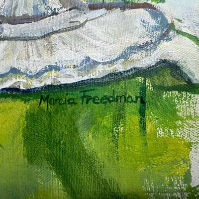 Sale Photo Thumbnail #490: Listed artist Marcia Freedman is known primarily as an abstract artist today. This piece depicts a flower garden scene with bird cage and carousel horse. The canvas has been removed from the frame. It is signed in the bottom right. Measurement: 41” x 31