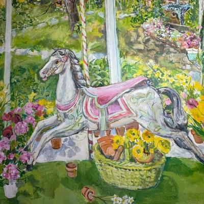Sale Photo Thumbnail #491: Listed artist Marcia Freedman is known primarily as an abstract artist today. This piece depicts a flower garden scene with bird cage and carousel horse. The canvas has been removed from the frame. It is signed in the bottom right. Measurement: 41” x 31