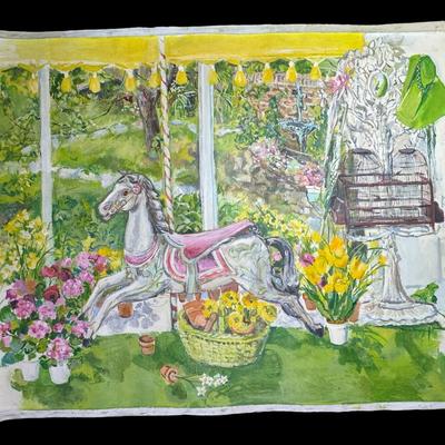 Sale Photo Thumbnail #489: Listed artist Marcia Freedman is known primarily as an abstract artist today. This piece depicts a flower garden scene with bird cage and carousel horse. The canvas has been removed from the frame. It is signed in the bottom right. Measurement: 41” x 31