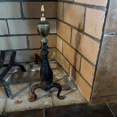 Cast Iron Fireplace Grate With Brass Finials on Andirons (LR-BC)