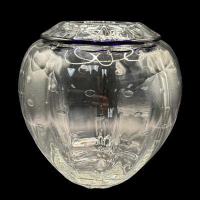 Sale Photo Thumbnail #492: This has internal bubbles, with cobalt blue trim. It is artist signed, and dated 1997. Measurement: 7”H x 6.5”W. [RS]