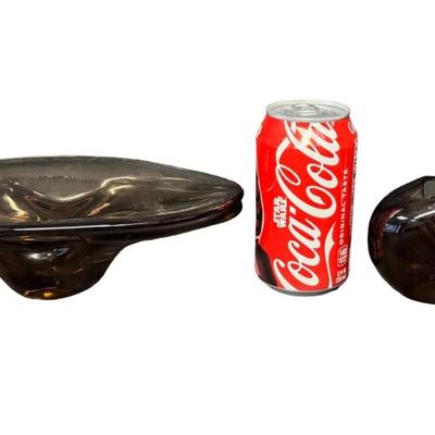 Sale Photo Thumbnail #502: Believed to be Czech. Includes an ashtray, and a footed bowl. Total of two pieces. No obvious chips or cracks. Measurement of largest: 10.5”W. [RE]