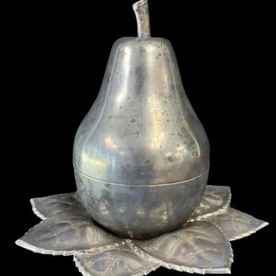 Sale Photo Thumbnail #503: This is a metal pear mini bar with leaf tray and shot glasses. Measurement: 6”H. Pre-auction estimate: $75-$125. [RE]