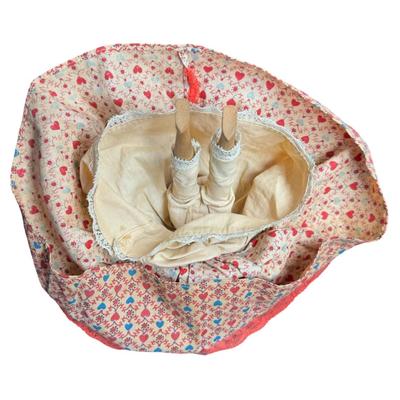 Sale Photo Thumbnail #536: This doll has a bisque head, and an articulating wooden body. It is believed to be made in Japan for U.S. import. The doll is wearing a Victorian style dress. The stand is included. Measurement of doll: 9.5”H. [JS]