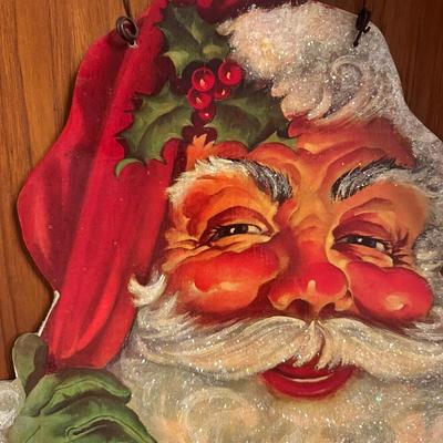 1930s Santa Claus Printed Cutout Mounted on Wood Wall Hanging
