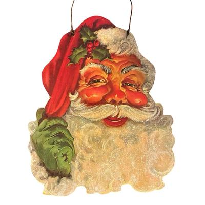 1930s Santa Claus Printed Cutout Mounted on Wood Wall Hanging