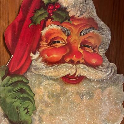 1930s Santa Claus Printed Cutout Mounted on Wood Wall Hanging