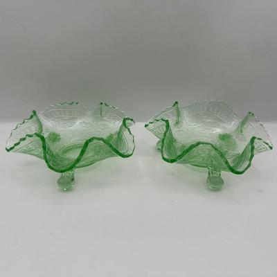 Pair of Uranium Glass Footed Ruffled Bowls