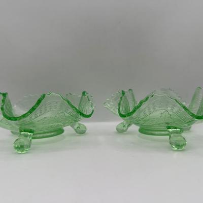 Pair of Uranium Glass Footed Ruffled Bowls