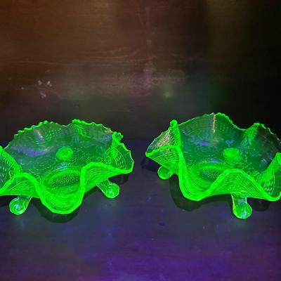 Pair of Uranium Glass Footed Ruffled Bowls