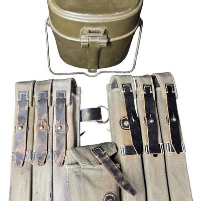 Sale Photo Thumbnail #551: Includes two WW2 German Luftwaffe Paratrooper MP40 magazine pouches (canvas and leather construction), and a German mess kit (metal construction). These may or may not be original. Age related wear. Measurement of pouches: 10”H x 5.5”W (each). [JS]
