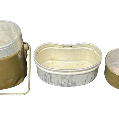 Sale Photo Thumbnail #554: Includes two WW2 German Luftwaffe Paratrooper MP40 magazine pouches (canvas and leather construction), and a German mess kit (metal construction). These may or may not be original. Age related wear. Measurement of pouches: 10”H x 5.5”W (each). [JS]