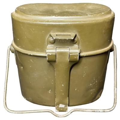 Sale Photo Thumbnail #553: Includes two WW2 German Luftwaffe Paratrooper MP40 magazine pouches (canvas and leather construction), and a German mess kit (metal construction). These may or may not be original. Age related wear. Measurement of pouches: 10”H x 5.5”W (each). [JS]