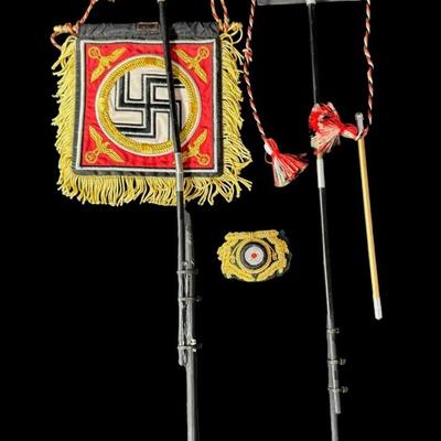 Sale Photo Thumbnail #557: Includes regimental flags, patches, a hat badge, shoulder boards, and more. Total of 15+ pieces. Some pieces may be reproductions. Measurement of largest flag: 6.5” x 5.5”. [JS]