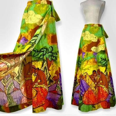 Vtg Tori Richard Honolulu Maxi Barkcloth skirt hand painted Polynesian