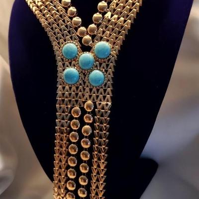 Y2k Golden Wide Bib long Necklace w/ Aqua stones