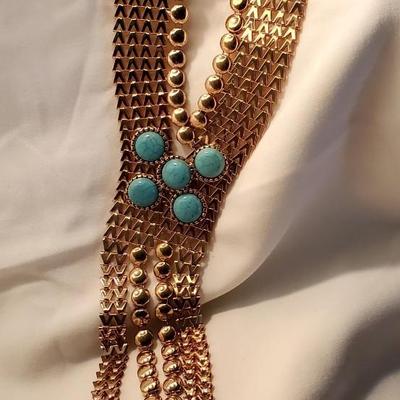 Y2k Golden Wide Bib long Necklace w/ Aqua stones