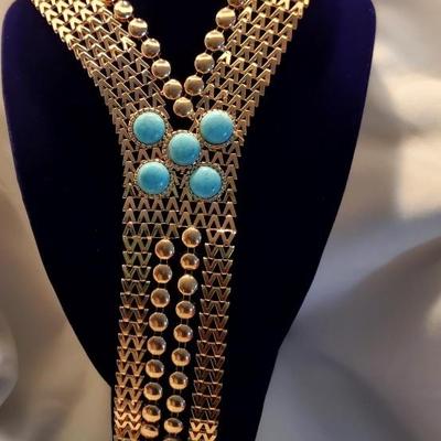 Y2k Golden Wide Bib long Necklace w/ Aqua stones