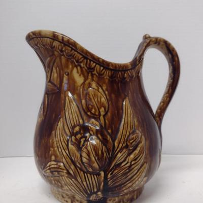 Antique Rockingham Glazed Pitcher with Tulip Design- Approx 10" Tall