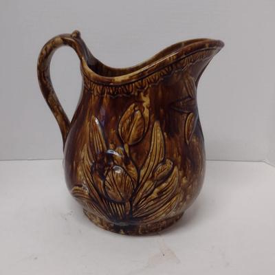 Antique Rockingham Glazed Pitcher with Tulip Design- Approx 10" Tall