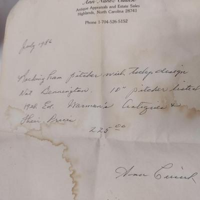 Antique Rockingham Glazed Pitcher with Tulip Design- Approx 10" Tall