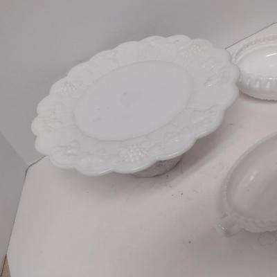 Milk Glass Cake Pedestal and Serving Dishes