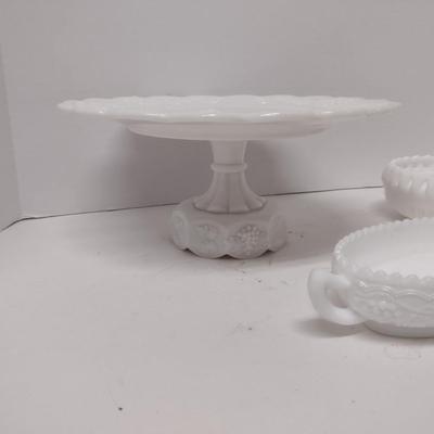 Milk Glass Cake Pedestal and Serving Dishes