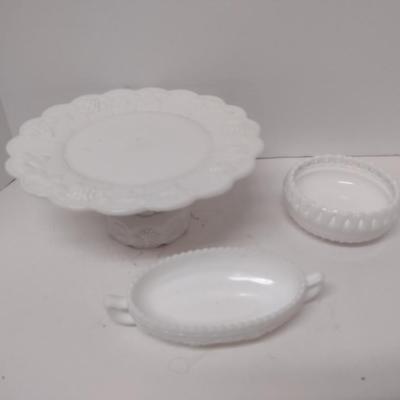 Milk Glass Cake Pedestal and Serving Dishes