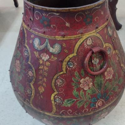 Vintage Hand Painted Large Metal Tall Floor Planter