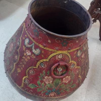 Vintage Hand Painted Large Metal Tall Floor Planter